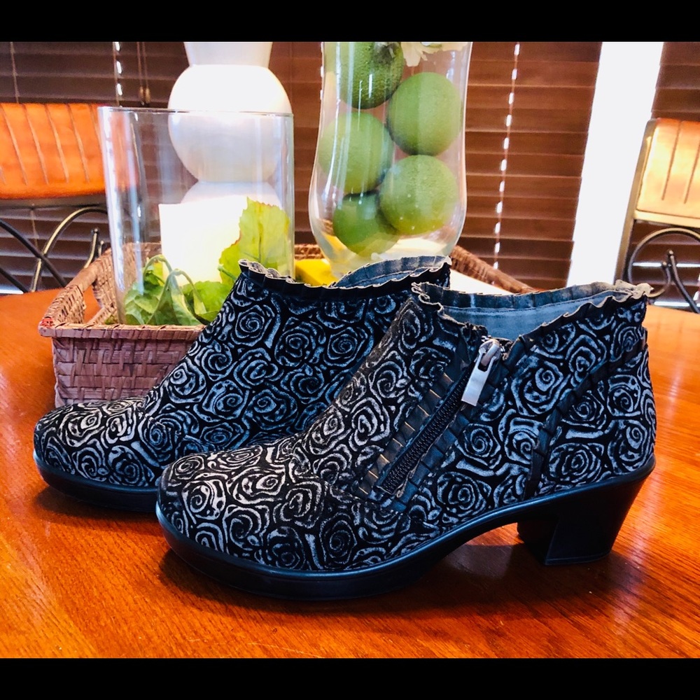 Alegria Hannah Leather Black Floral Ruffle Booties